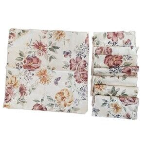 Set of 8 Cloth Napkins 18” Floral Butterfly Print Reversible Fabric Table Linens